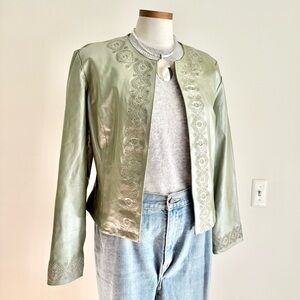 Y2K Metallic Green Embroidered Leather Jacket Medium